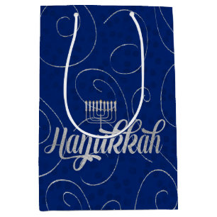 Sacola Para Presentes Média Chanucá Blue e Silver Swirls