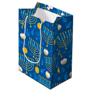 Sacola Para Presentes Média Chanukah Menorah Gelt Dreidel Azul