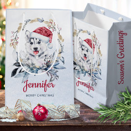 Sacola Para Presentes Média Chapéu de Papai Noel Siberian Husky Cachorro de Na