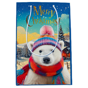 Sacola Para Presentes Média Chapéu do Polar Bear Santa e cachecol Feliz Natal