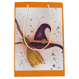 Sacola Para Presentes Média Chapéu e vassoura da bruxa do Halloween