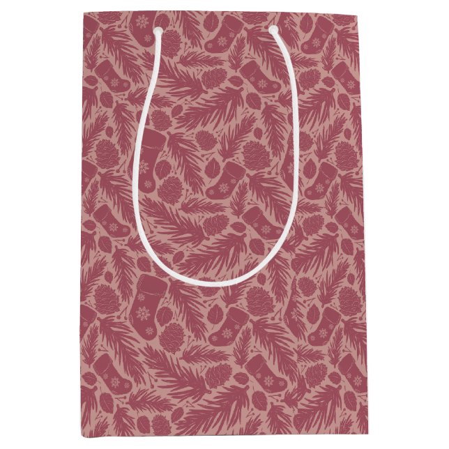 Sacola Para Presentes Média Charme de Natal Vermelho Retro (Frente)