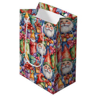 Sacola Para Presentes Média Charming Watercolor Christmas Gnomes and Gifts