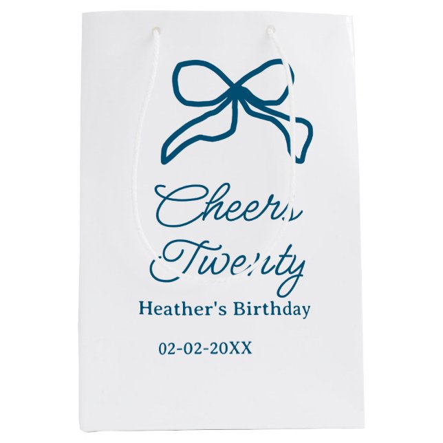 Sacola Para Presentes Média Cheers twenty blue birthday bow name date boho ret (Frente)