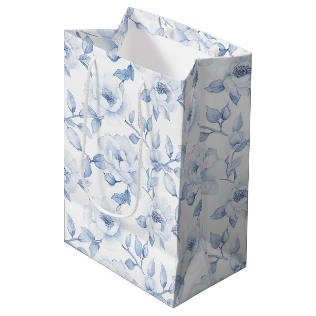 Sacola Para Presentes Média Chic Casamento Floral Azul Branco Chá de Noiva (Frente inclinada)