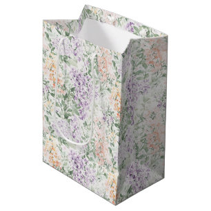 Sacola Para Presentes Média Chic Rosa Lilás Lavanda Floral Chuveiro de Noiva