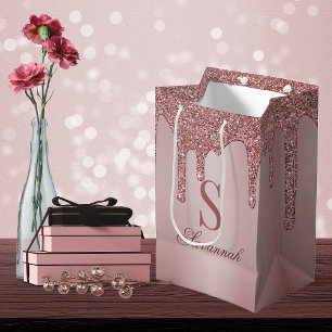 Sacola Para Presentes Média Chic Rose Gold Glitter Drips Sparkle Monogram