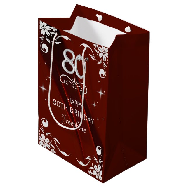 Sacola Para Presentes Média Chic Silver Floral Frame Burgundy 80 Birthday (Frente inclinada)