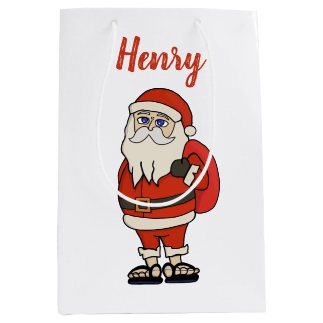 Sacola Para Presentes Média Chinelos de Natal do Papai Noel Personalizado (Frente)