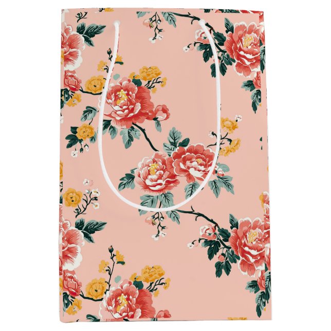 Sacola Para Presentes Média Chinoiserie cor-de-rosa pálido Floral (Frente)
