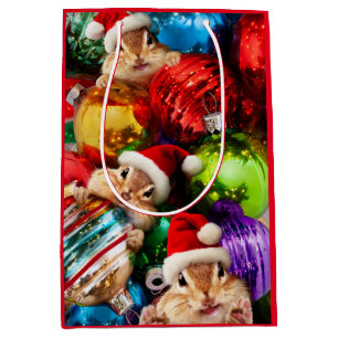 Sacola Para Presentes Média Chipunks com ornamentos de férias