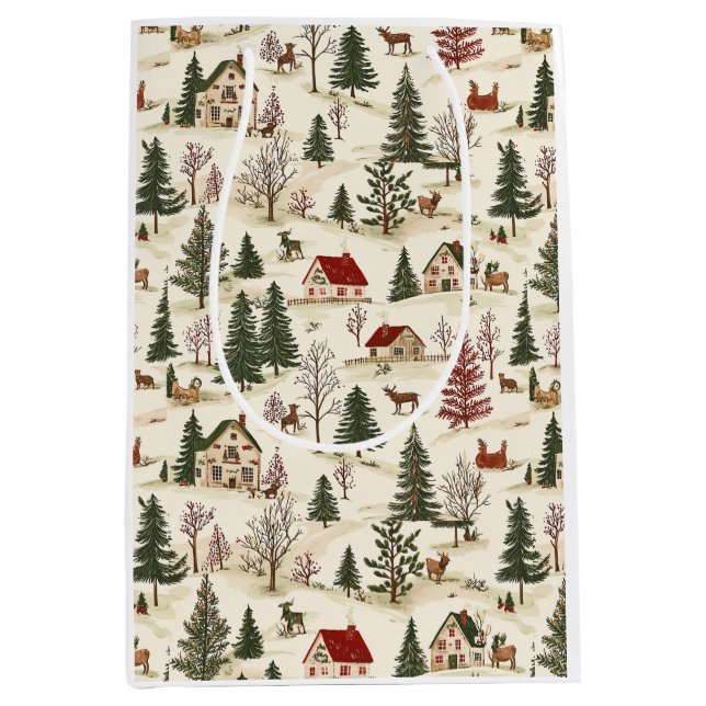 Sacola Para Presentes Média Chirstmas Vintage Village  (Frente)