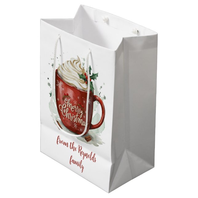 Sacola Para Presentes Média Chocolate Quente de Natal com Aquarela (Frente inclinada)