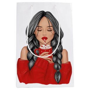 Sacola Para Presentes Média Chocolate Quente no Inverno em Sweater Vermelho