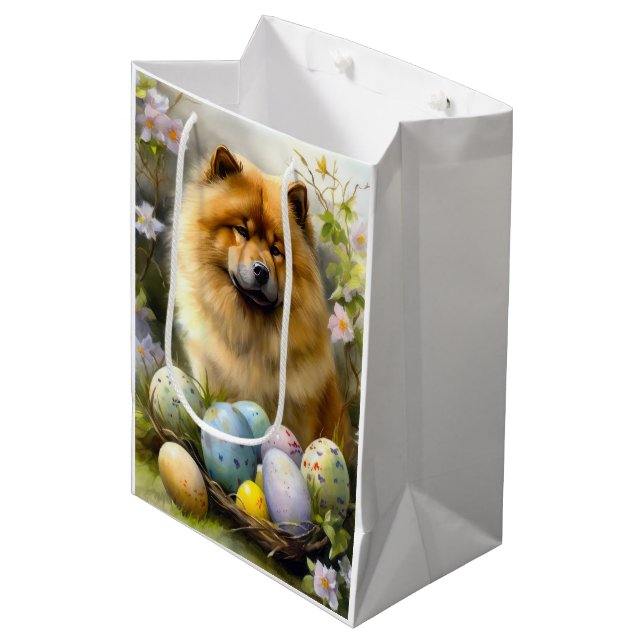 Sacola Para Presentes Média Chow Chow com Ovos de Páscoa Feriado  (Frente inclinada)