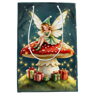 Sacola Para Presentes Média Christmas Fairy atop a Mushroom Cottage Core