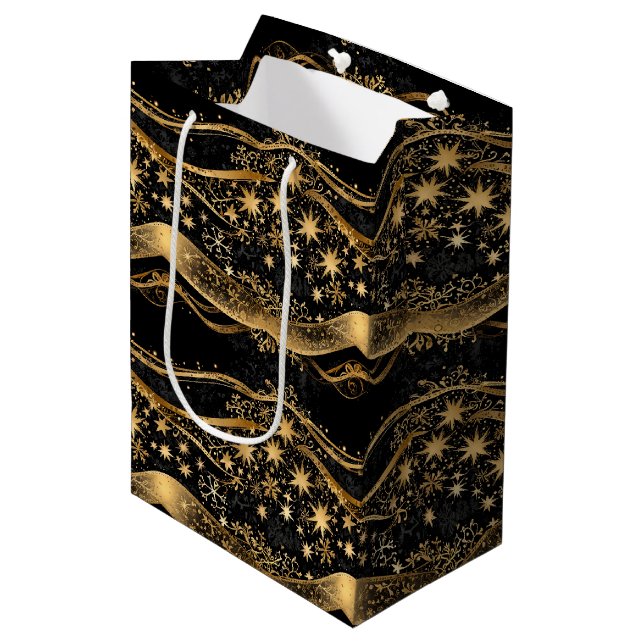 Sacola Para Presentes Média Christmas Ribbon & Starry Night Gold Print (Frente inclinada)