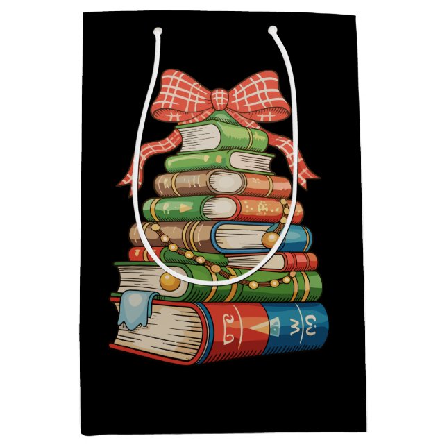 Sacola Para Presentes Média Christmas Tree Books Bow Reading Librarian Teacher (Frente)