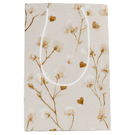 Sacola Para Presentes Média Chuva de Noiva Floral Bege Coração Marrom