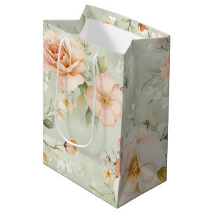 Sacola Para Presentes Média Chuva de Noiva Floral Rosas Bege Rosa Hortelã