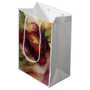 Sacola Para Presentes Média Chuva de Noiva Floral Vermelho Borgonha Dourado Ro