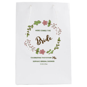 Sacola Para Presentes Média Chuva de Noiva Folhas Verdes Flor Rosa