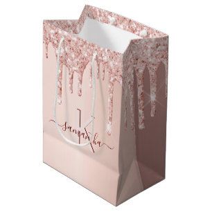 Sacola Para Presentes Média Chuva de noiva rosa dourado glitter rosa monograma