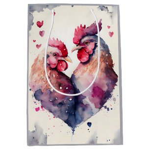 Sacola Para Presentes Média Cinza Casal de frango com aquarela branca  branco