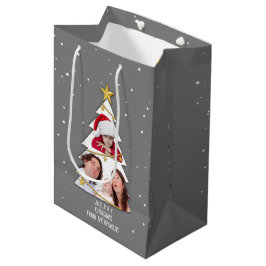 Sacola Para Presentes Média Cinza de Colagem de Fotos da Árvore de Natal Moder