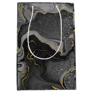 Sacola Para Presentes Média Cinza e design de marmoreamento dourado