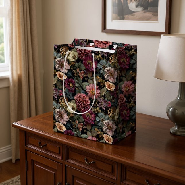 Sacola Para Presentes Média Cinza Escuro Cinzento, Rosa e Floral Verde (Criador carregado)