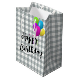 Sacola Para Presentes Média Cinzas de aniversário e Gingham Branco