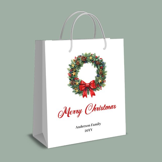 Sacola Para Presentes Média Classic Christmas wreath bag with berries and pine (Classic Christmas wreath bag with berries and pine)