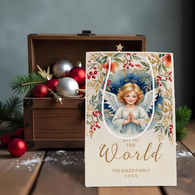Sacola Para Presentes Média Classic Exquisite Christmas Victorian Angel Xmas (Classic Romantic Exquisite Christmas Angel with Flowers Victorian-Themed Inspired Christmas.)
