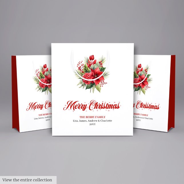 Sacola Para Presentes Média Classic Red Poinsettia Merry Christmas Holiday Bag (Classic Red Poinsettia Merry Christmas Holiday Bag)