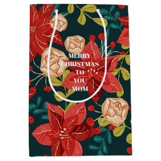 Sacola Para Presentes Média Clássico Natal Floral Vermelho e Verde