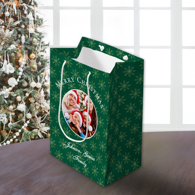 Sacola Para Presentes Média Clean Forest Green Snowflakes Christmas (Criador carregado)