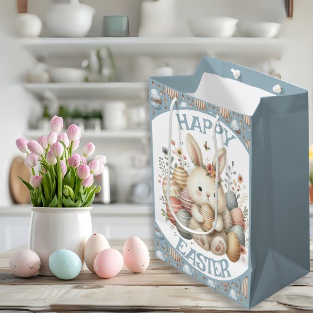 Sacola Para Presentes Média Coalhada branca Páscoa coalhada personalizável (Cute watercolor Bunny Easter customizable Medium Gift Bag)