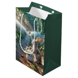 Sacola Para Presentes Média Coelhinho de aniversário com uma cesta de margarid