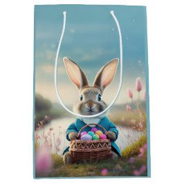 Sacola Para Presentes Média Coelhinho de Páscoa bonito em jaqueta azul