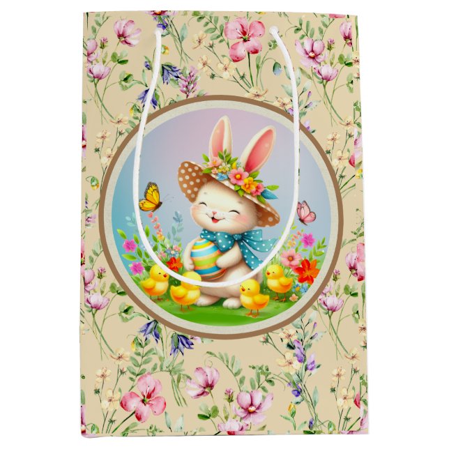 Sacola Para Presentes Média Coelhinho de Páscoa Fofo e Flores Felizes de Prima (Frente)