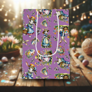 Sacola Para Presentes Média Coelhinho Floral de Aquarela Vintage Roxo de Pásco