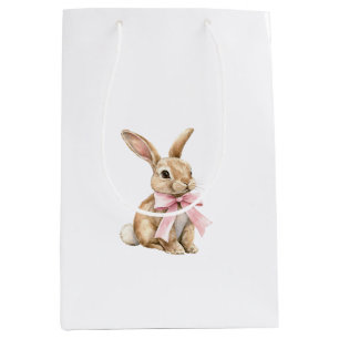 Sacola Para Presentes Média Coelho Bunny de Aniversário com Laço Rosa