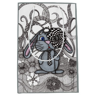 Sacola Para Presentes Média Coelho Cinza Caprichoso Zentangle Xadrez
