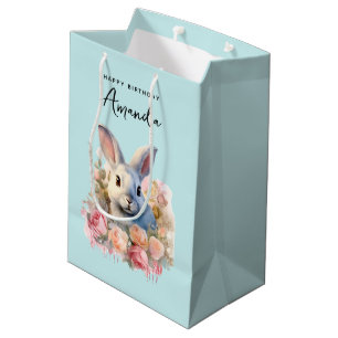 Sacola Para Presentes Média Coelho com uma Guirlanda de Rosas Fofo Aniversário
