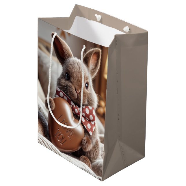 Sacola Para Presentes Média Coelho da Páscoa Feliz Com Coração de Chocolate (Frente inclinada)