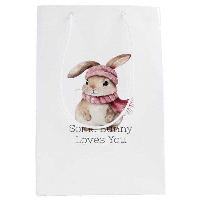 Sacola Para Presentes Média Coelho de Natal Coelho Rosa  (Frente)