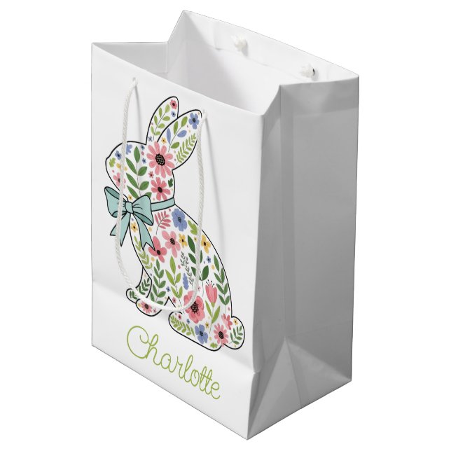 Sacola Para Presentes Média Coelho de Páscoa com Flores Silvestres Rosa e Azul (Frente inclinada)
