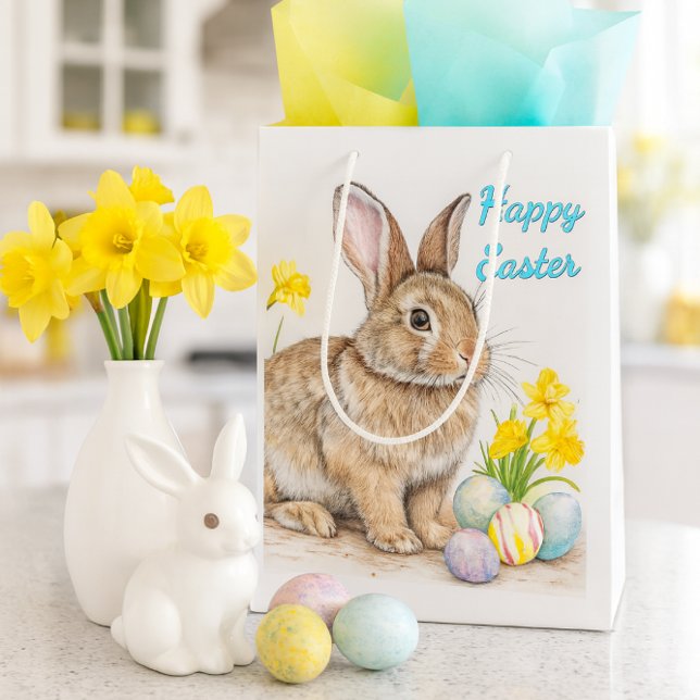 Sacola Para Presentes Média Coelho Feliz Páscoa de Primavera  (Celebrate Easter with a charming bunny gift bag, pastel tissue, daffodils, and spring kitchen decor.)