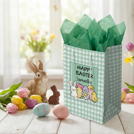 Sacola Para Presentes Média Coelho Páscoa Feliz Personalizado em Xadrez Verde